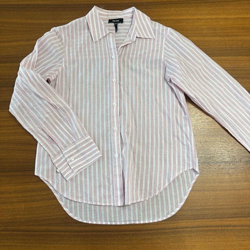 ME+EM Button Down Shirt Womens Size 0 Pink White Striped Long Sleeve High Low
